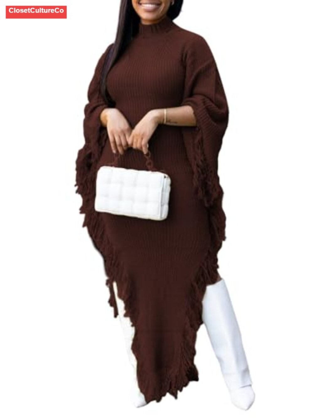 Women's Fringe Sweater Dress Long Sleeve Bodycon Maxi Party Dress